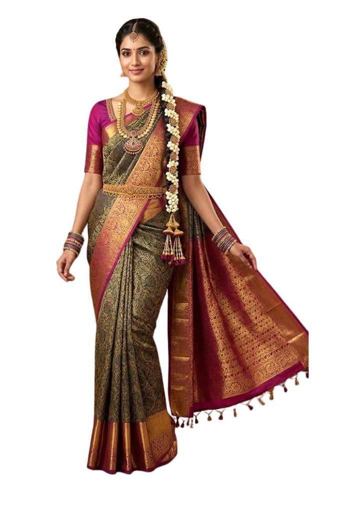 VFCollections Women's Kanchipuram Silk Pure Pattu Sarees With Blouse (Blue)