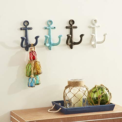 Deco 79 Coastal Metal Wall Hook, Decorative Wall Mounted Coat Hooks for Hanging Coats, Scarves, Bags, Purses, Backpacks, Keys, Hats, S/4 5"W, 9"H, Multi