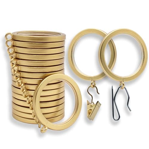 BlastHome® Luxury Curtain Rings – Premium Metal with Quiet, Smooth Nylon Inserts – Pinhooks and Clips Included – 1 1/2" Inside Diameter – 18 Rings for Two Standard Curtains – Brushed Gold