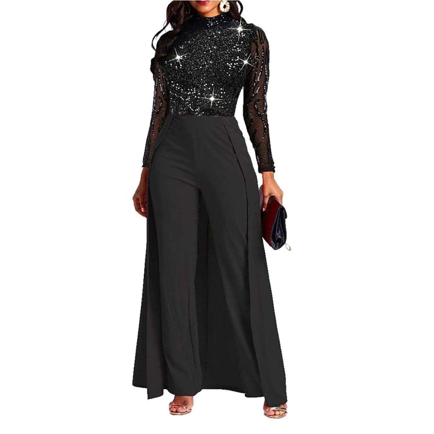 VERWIN Patchwork Overlay Embellished Plain Womens Jumpsuit HighWaist Woman Romper XXLarge Black Sequin