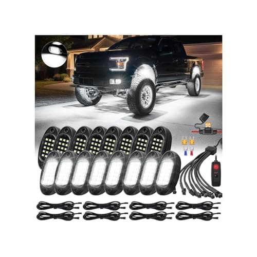 16Pods All Pure White LED Rock Lights Full Kit Plug and Play Pre Wired 6500K with Switch Wiring Harness Extension Fuse Long Wires 240Chips Waterproof Underglow 12V for Semi Trucks Pickup Offroad