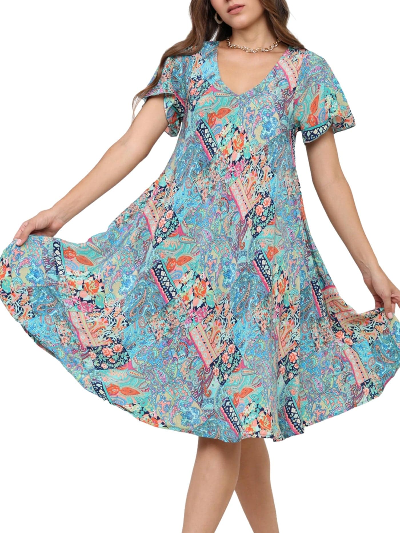 KE KANHA EXPORTS|Women Short Dress|Beach Dress for Woman|Casual Dresses for Women|Boho Border Print|V Neck|2 Pockets|Easily fits S-M-L|Bust32-38in|Length40in (1134) Parrot Green