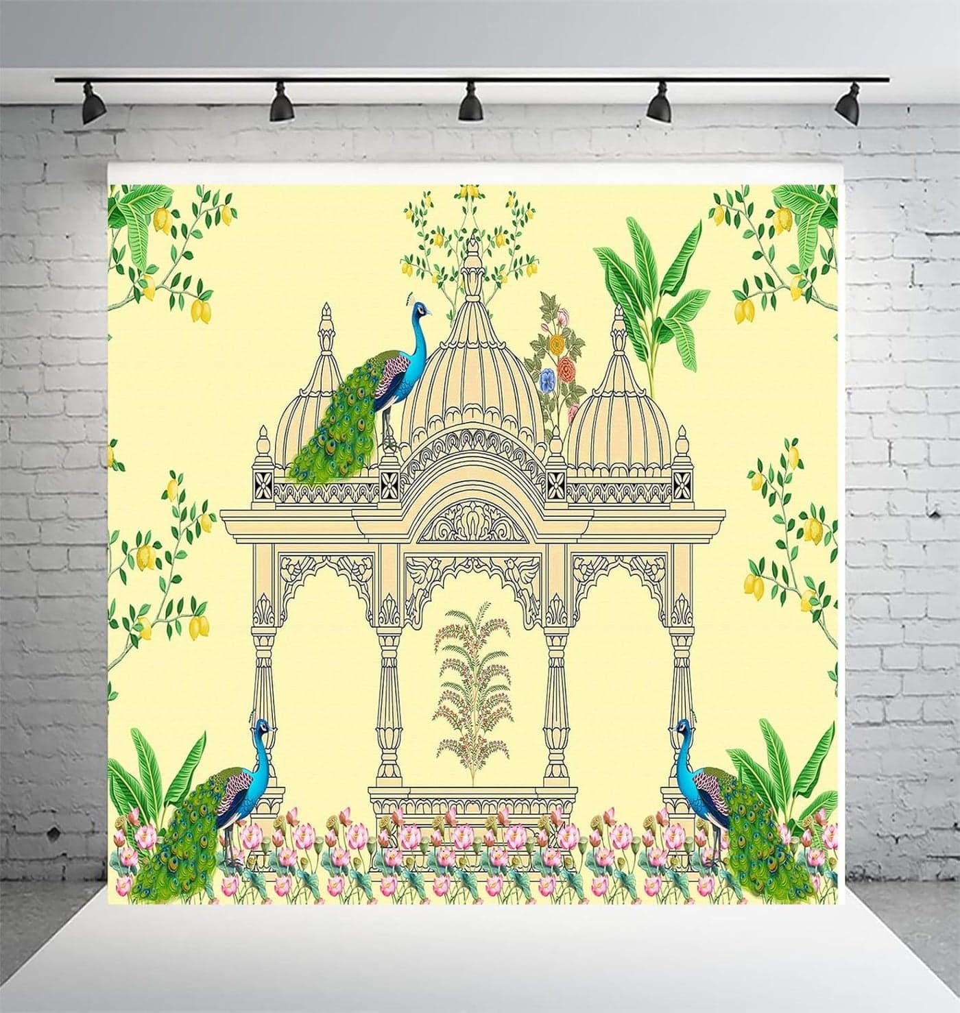 Dhara Yellow Peacock Pooja Gate Art Printed 8FT8FT Backdrop Cloth for Pooja Decoration Traditional Background Curtain Cloth for Festival Washable Fabric