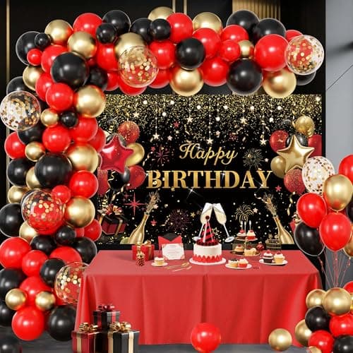 Red Birthday Party Decorations for WomenBalloon Aich kitBlack Gold Confetti BalloonsHappy Birthday Backdrop