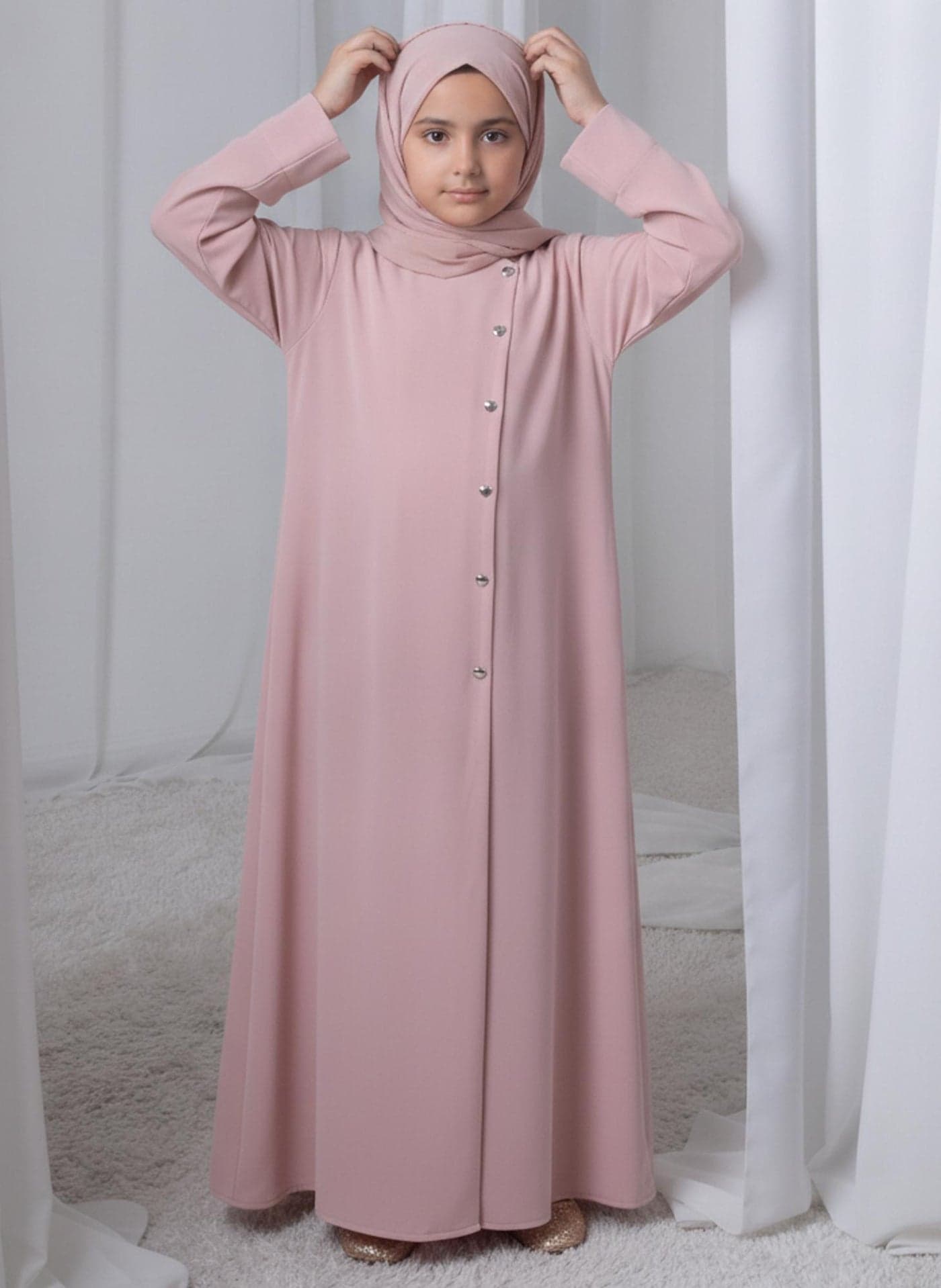 Pink Kids Abaya with Matching Hijab for Girls Korean Nida Fabric Modest Islamic Dress 8 Colors Available
