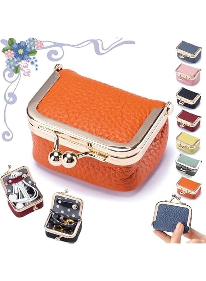 Portable Vintage-Style Genuine Leather Mini Jewelry Box in Orange for Women's Earrings, Rings, Necklaces, Bracelets - Travel Ring Case with Kiss Lock