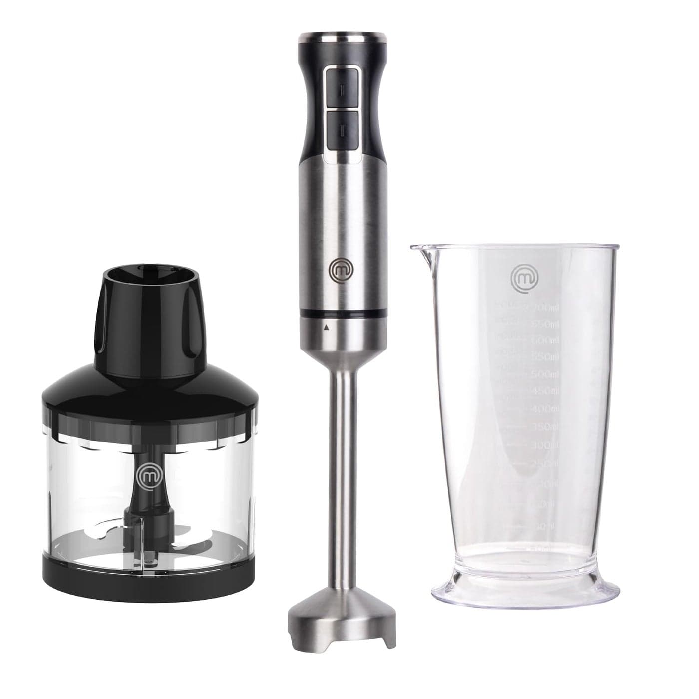 MasterChef Immersion Blender Handheld Stainless Steel Hand Held Blending Stick Emulsifier with Chopper Attachment and Measuring Jug Puree Blender for Making Baby Food Soup Sauces etc 400W
