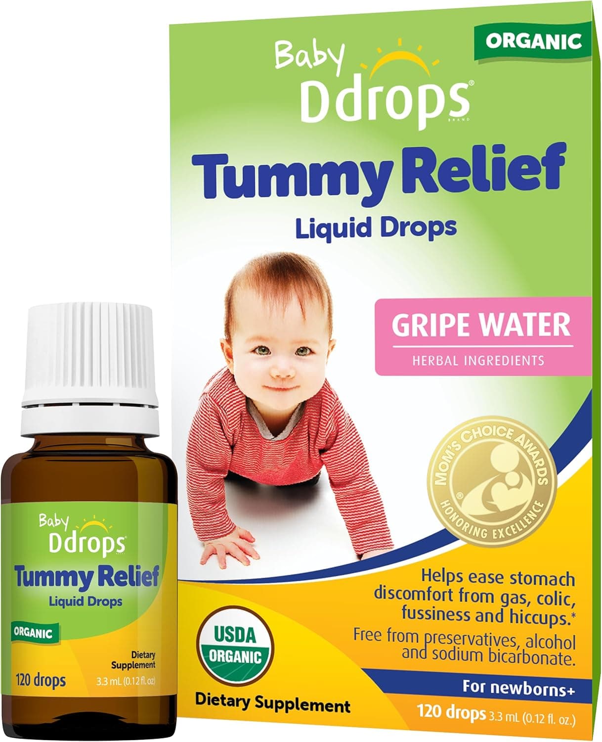Ddrops Baby Tummy Relief Liquid Drops Organic Gripe Water for Newborns Relief from Gas Colic Fussiness and Hiccups Just One Drop Herbal Ingredients 120 Drops