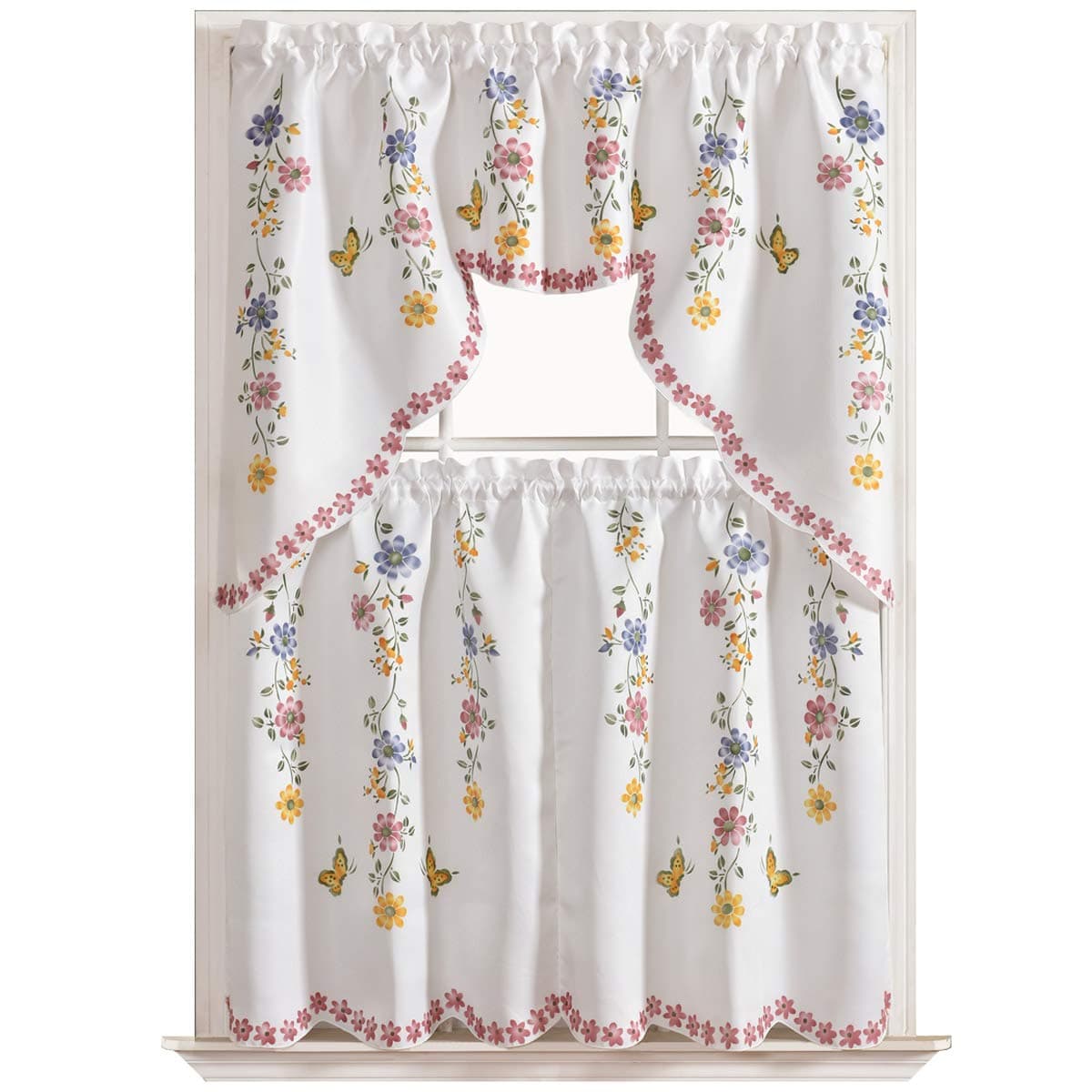 GOHD 3pcs Farmhouse Kitchen Cafe Curtain Set Air Brushed by Hand of Flowers and Butterfly Design on Thick Satin Fabric Daisy Swing