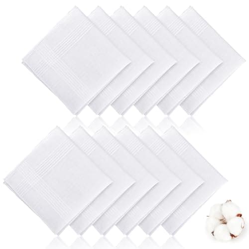 12 Pack Handkerchiefs for Men, 100% Soft Cotton White Hankies, Classic Reusable Men's Handkerchiefs, 15x15 Inch Pocket Hanky