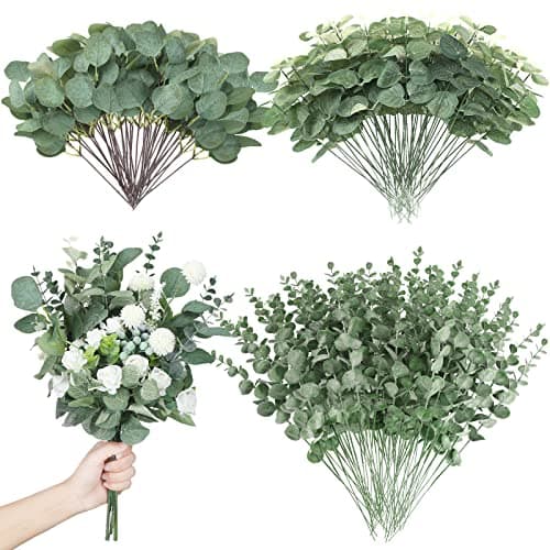 Giegxin 180 Pcs 3 Kinds Mixed Eucalyptus Leaves Stems Bulk Artificial Silver Dollar Leaves Picks Dried Eucalyptus Bundle Faux Spray for Wedding Vase Bouquet Floral Arrangement (Green)