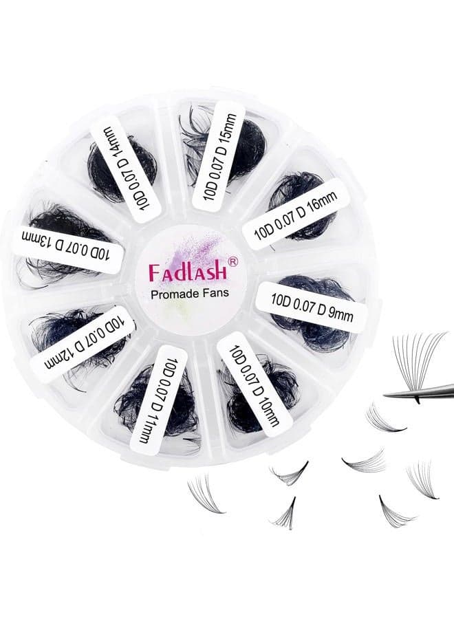1000 Fans 10D Premade Volume Eyelash Extensions Mixed Tray Premade Fans Eyelash Extensions D Curl Premade Lash Fans Pointed Handmade Promade Loose Fans Thin Base (10D-0.07D,9-16mm)