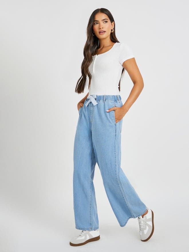 Mid Rise Elasticated Waistband Wide Leg Jeans
