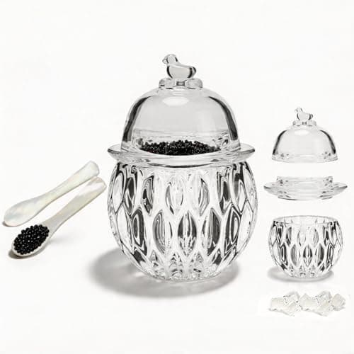 GCFTIFF caviar serving set with 2 Pcs Mother of Pearl Spoons,Chilled bowl Glass Caviar Dish With Lids,ice bowls to keep food cold, Elegant Serving Tray for Caviar Shrimp and Party Appetizers(Leaf)