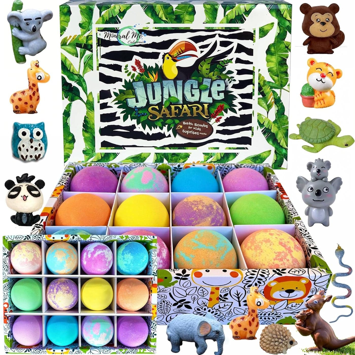 Bath Bombs for Kids with Surprise Inside 12 Organic Bubble Bath Fizzies with Jungle Animal Toys Moisturizing Gentle Kids Safe Rainbow Spa Bath Fizz Birthday Gifts for Kids Boys Girls