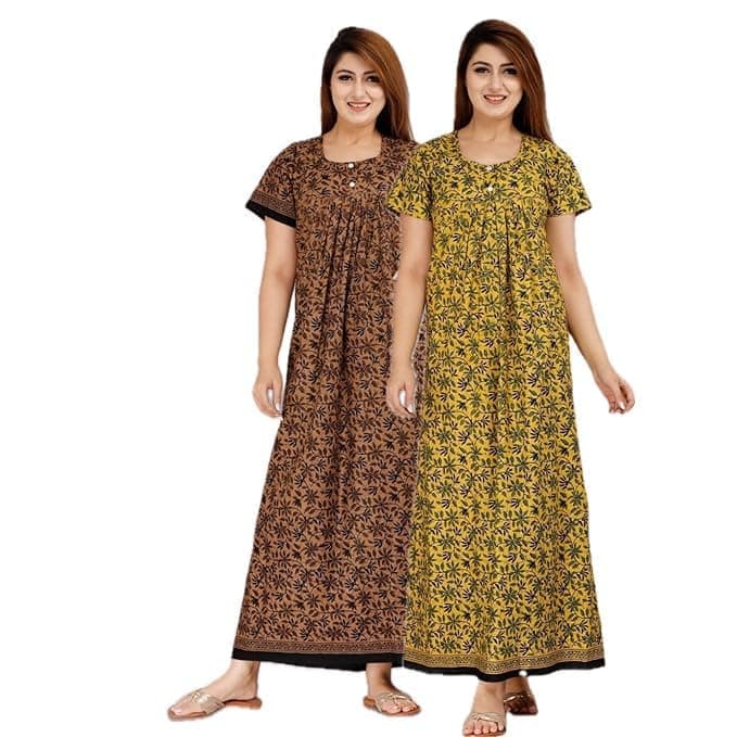YUKATA Nighty for Women Cotton Printed Maxi Gown Ankle Length Nighty Night Dress Gown for Women Maxi - Free Size (Pack of 2) (Free Size, Brown&Musterd)