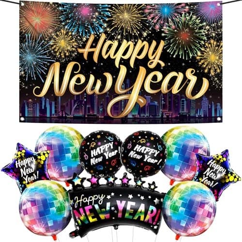 KatchOn Neon New Years Decorations 2026 Set Huge Pack of 10 Rainbow Happy New Year Banner New Years Balloons Disco Balloons for New Year Eve Party Supplies 2026 NYE Decorations 2026