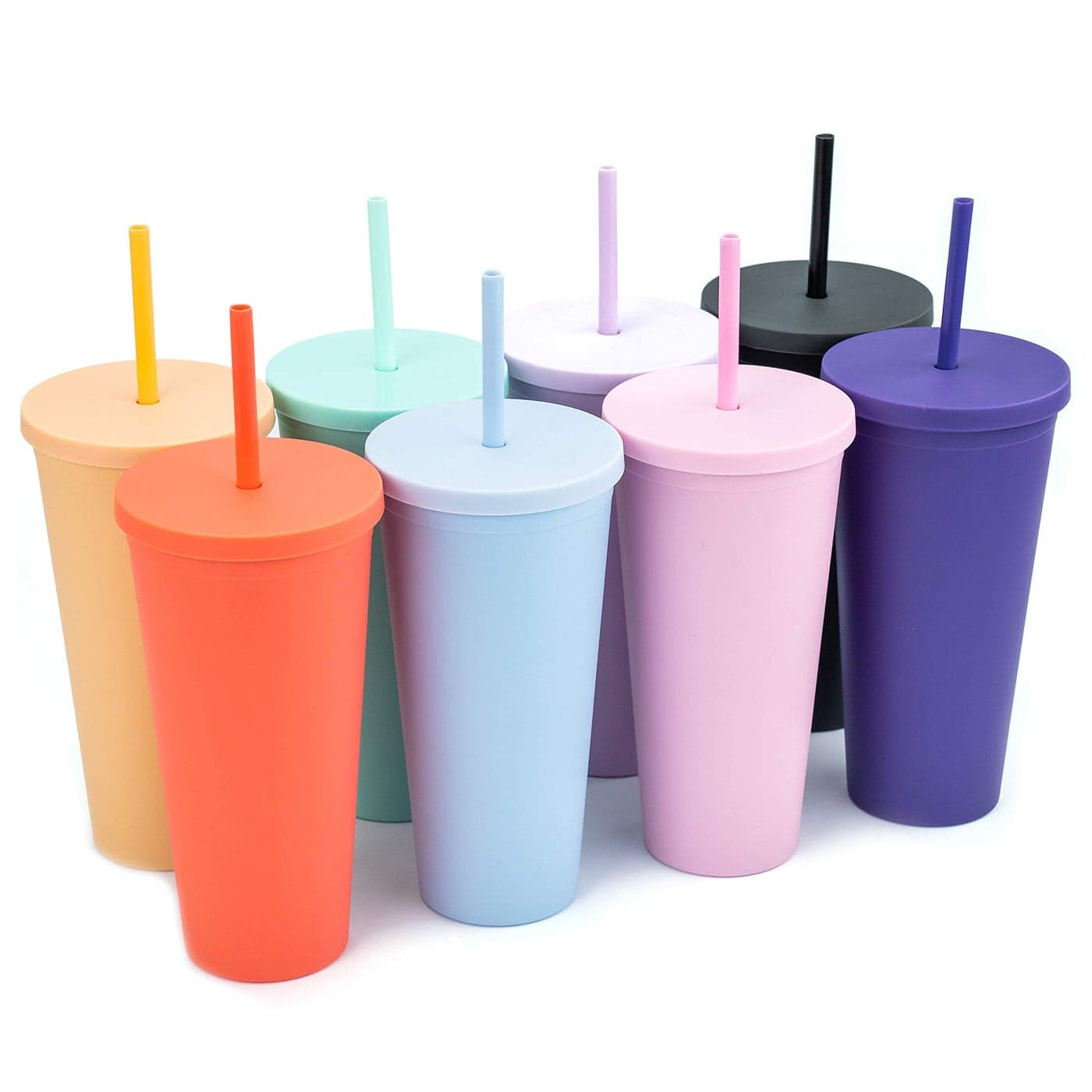 STRATA CUPS Classic Tumblers with Lids and Straws 8 pack 22oz Matte Pastel Colored Acrylic Tumblers with Lids and Straws Double Wall Tumbler Bulk Reusable Cup with Straw Cleaner Assorted