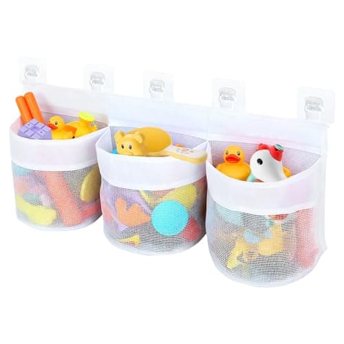 Bath Toy Storage Organizer, Multi-Use Mesh Net for Bathtub Toys, Shower Toy Holder Basket, Fits for Bathroom Wall, Shower Area, Tub Side and Poolside, Fast Draining, White