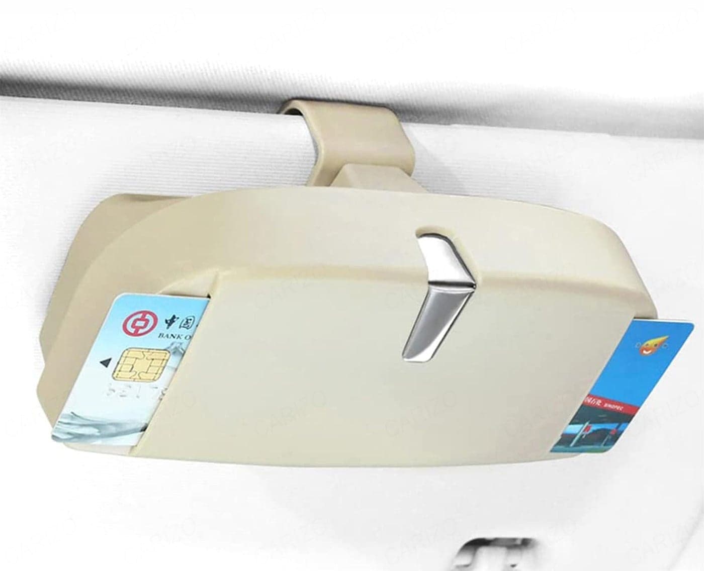 CARIZO Car Sun Visor Glasses Case Holder Clip, Eye Sunglasses Organizer Mount Compatible with All Vehicles, Sunglass Holder with Ticket Card Clip for Car Sun Visor, Eye Glasses Storage Box (Beige)