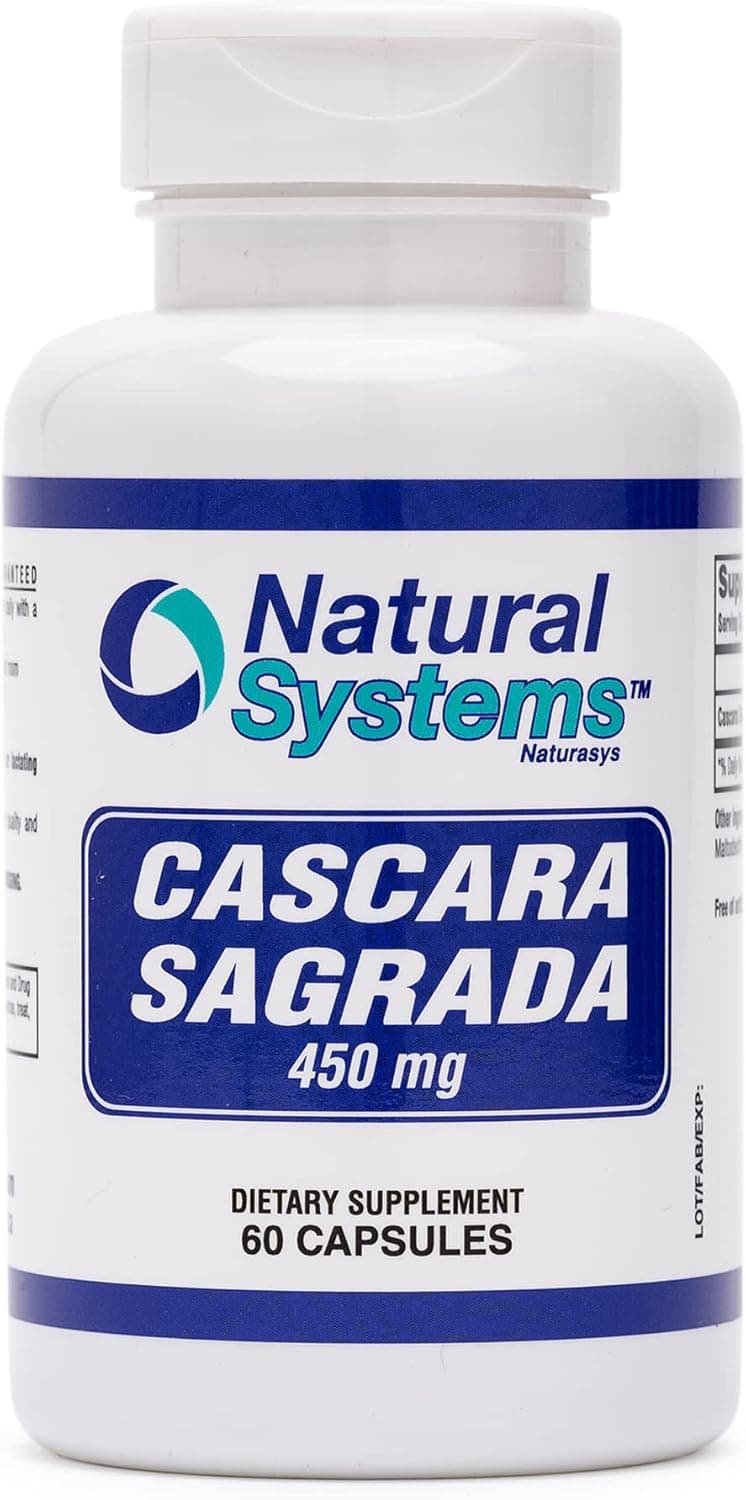 Cascara Sagrada 60 Capsules 450 mg by Natural Systems Cascara Sagrada Capsules Vegan NonGMO NonGluten Cascara Sagrada Herb Constipation Remedies Cascara Laxative Rhamnus Purshiana