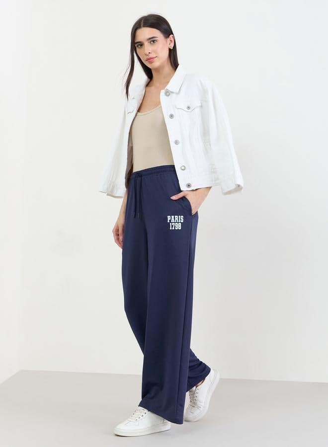 Navy Blue Text Print Wide Leg Joggers