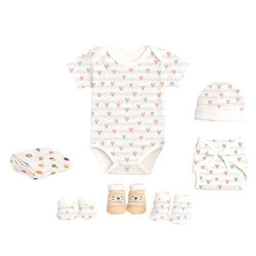 MOM'S HOME Organic Cotton Baby Essentials Gift Set | Baby Shower Gift Hamper | Baby Clothing Gift Combo | 0-6 Months | Little Heart | Pack of 7 (Little Heart, 0-3 Months)