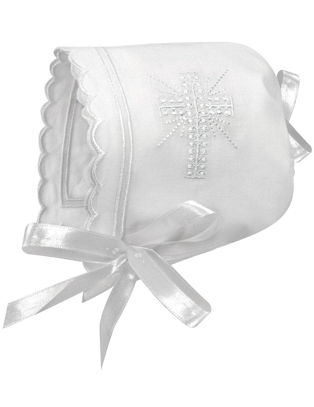Stephan Baby Bonnets White Cotton Christening Bonnet with Cutwork Embroidered Cross and Satin Bows One Size Scalloped Hem