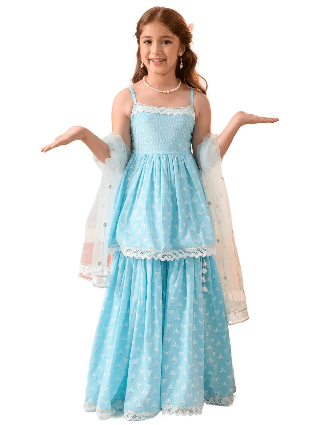 Pspeaches Girls Cotton Sleeveless Shoulder Straps Ethnic Motifs Print Kurta And Sharara With Dupatta 3 Piece Set|Ethnic Wear For Kids Girls|Traditional & Festive Outfit 12-13 Year Sky Blue