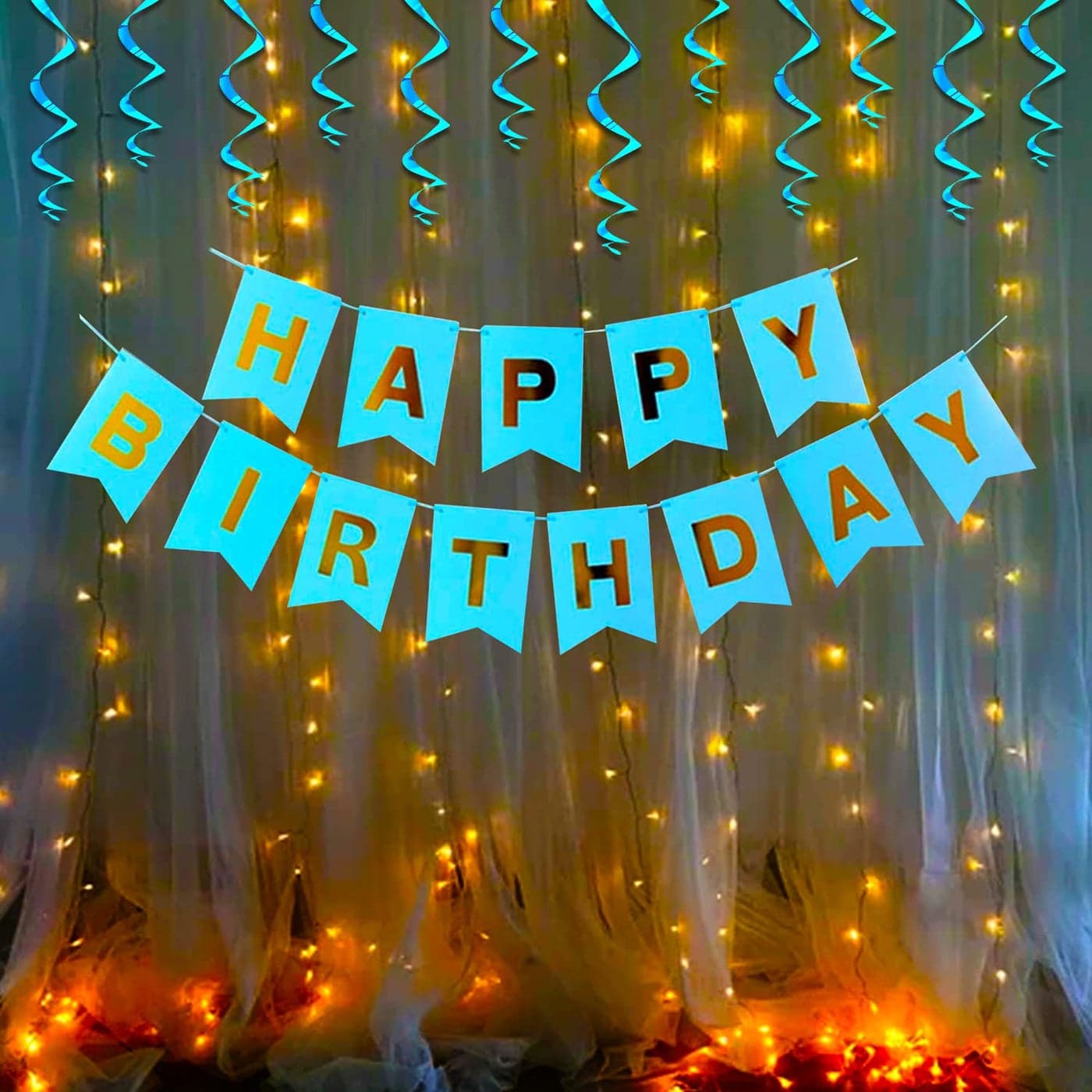 Party Propz Happy Birthday Decoration Kit Items Combo 14Pcs for Kids Boys Adult Men Husband Banner Swirls With Fairy Light
