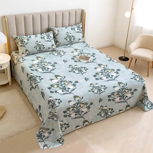 Homestan Warm Winter Bedsheet for Double Bed King Size with 2 Pillow Covers, Cozy Woolen Bedsheets for Double Bed (90"X100" inches) (Baby Blue Floral)