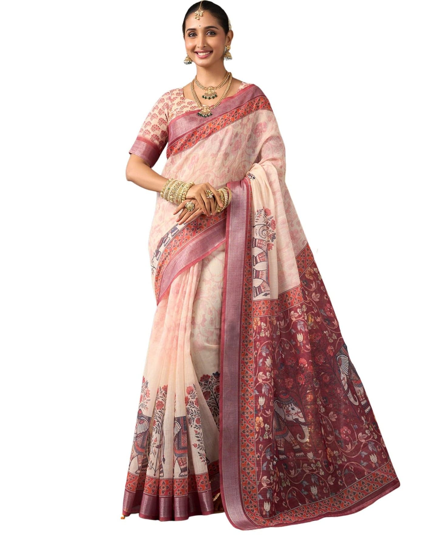 SIRIL Women's Pongal Special Printed Durga Pooja Cotton Saree With Unstitched Blouse Piece(4802S523_Beige)