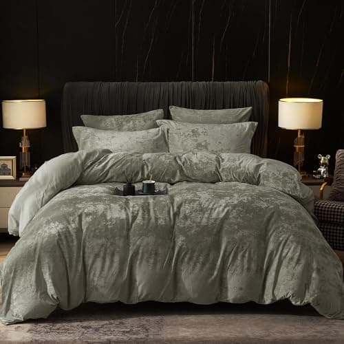 PHF Truly Velvet Duvet Cover Set Queen Size 3pcs Ultra Soft Breathable Comforter Cover Set Luxury Cozy Flannel Duvet Cover with Pillow Shams Bedding Collection 90 x 90 Smokey Olive