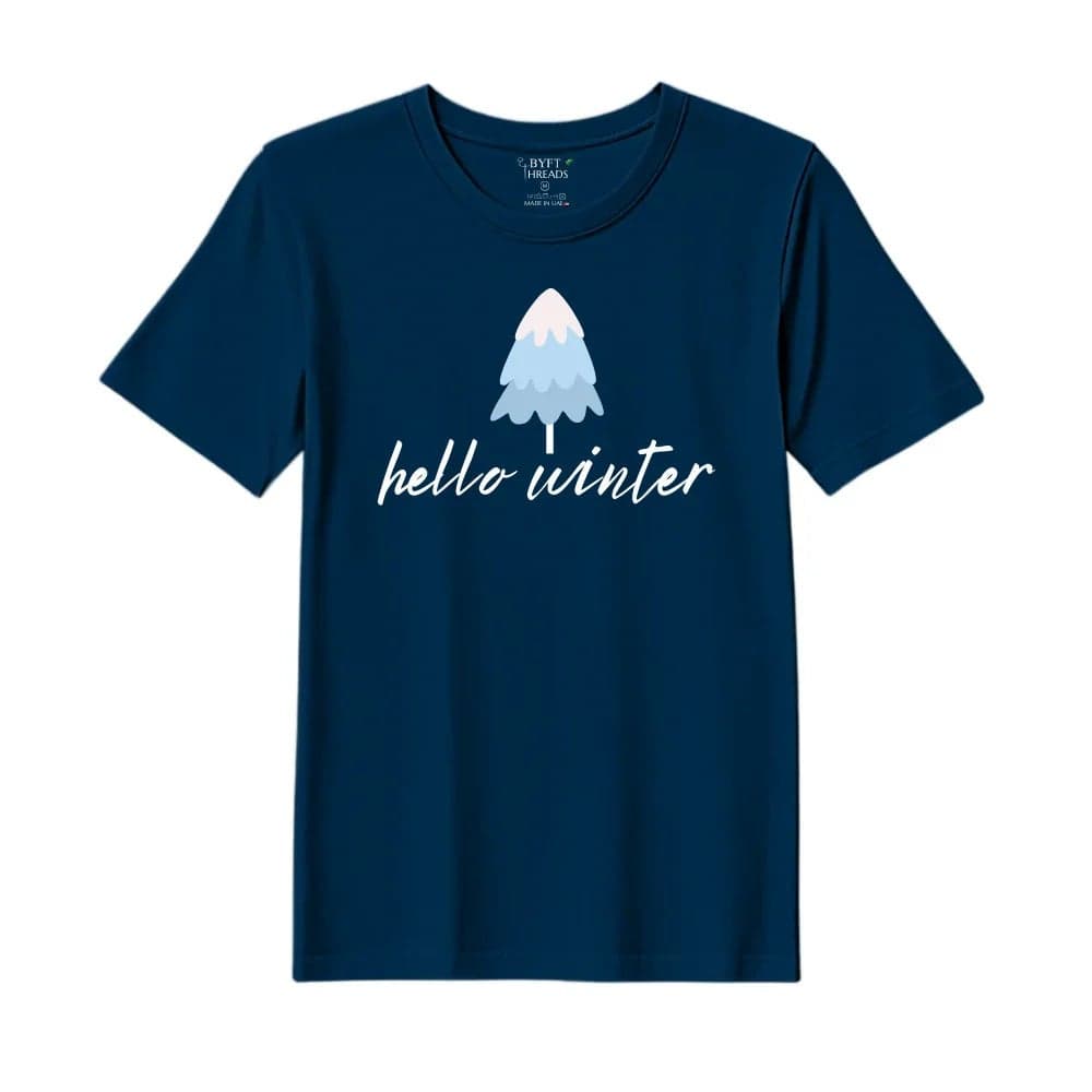 BYFT Threads XXL Navy Blue Polycotton T-Shirt - Christmas "Hello Winter" Printed Design, Premium Holiday Collection