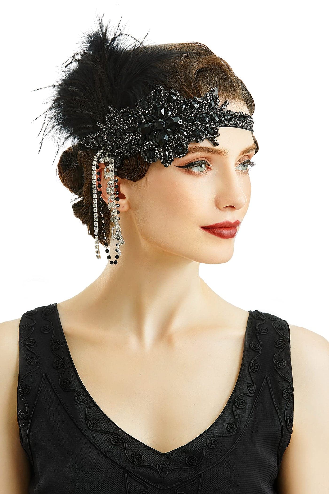 BABEYOND Women's 1920s Headband Flapper Feather Headpiece with Chain Roaring 20s Great Gatsby Themed Party Hair Accessory (Black)