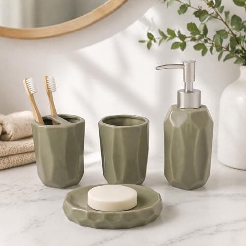 Whizzo Luxury 4-Piece Ceramic Bathroom Accessories Set | Soap Dispenser, Soap Dish, Tumbler & Toothbrush Holder | Premium Bathroom Set for Modern Home Décor (BS-902, Beige)