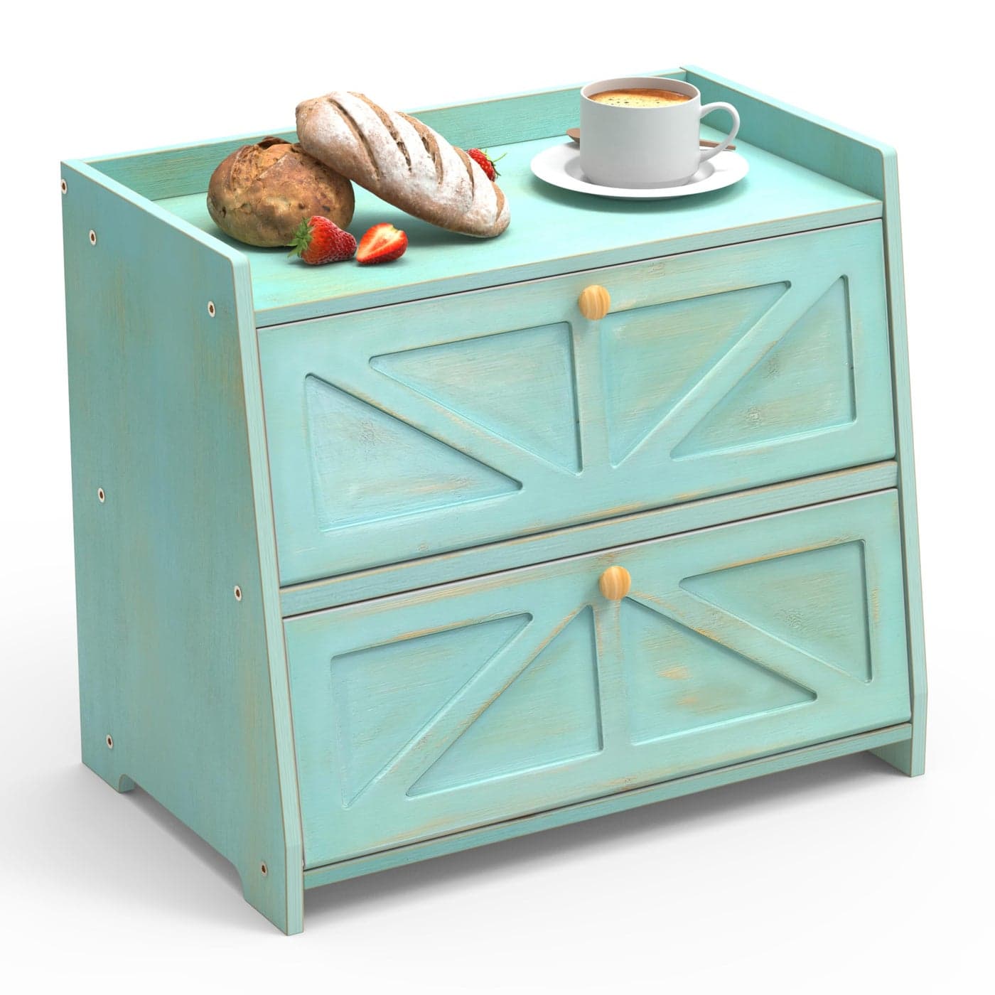 Trironsun Vintage Double Layer Bread Box for Kitchen Counter Bamboo Bread Storage Container Large Capacity Bread Storage Bin Antique Blue