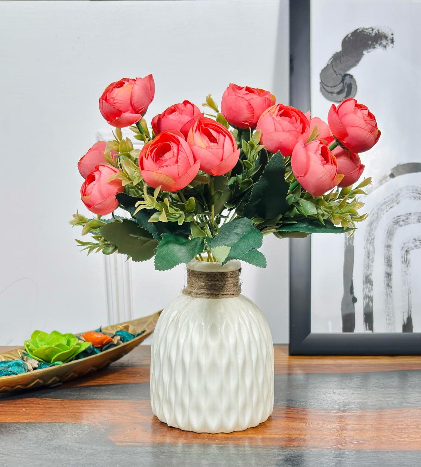 Dekorly Faux Silk, Plastic Artificial Peony Flowers Bunch | White Vase with Flowers Bunch | Artificial Plants for Home Office Hotel Decor | Bedroom Living Room Bathroom Decor (Peach, Height : 30CM)