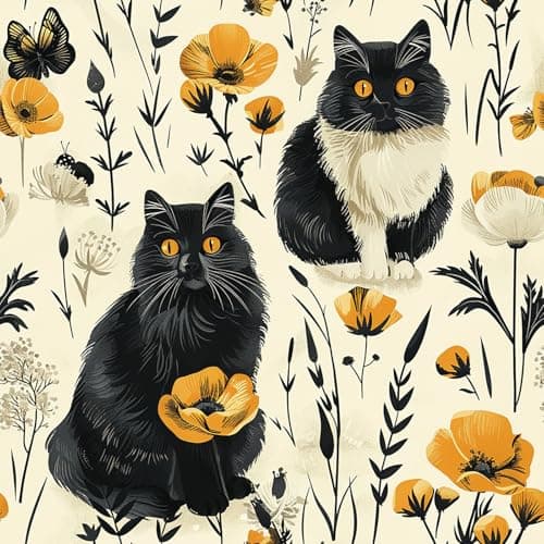 Livelynine 175x276 Cat Flower Wallpaper Peel and Stick Retro Beige Cream Black Gold Yellow Kitty Cats Cute Wallpapers for Bedroom Renter Friendly Whimsical Animal Floral Contact Paper for Drawers