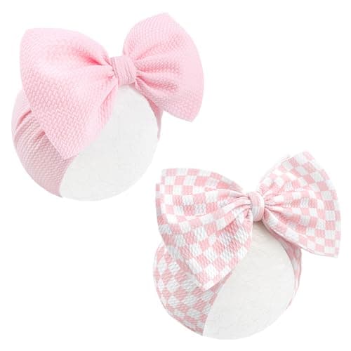 YanJie 2PCS 7 Light Pink Bows for Baby Girls Checkered Headband Pink Bow Infants Toddler Hair Accessories Newborn Headbands Hair Bow Baby Clothes