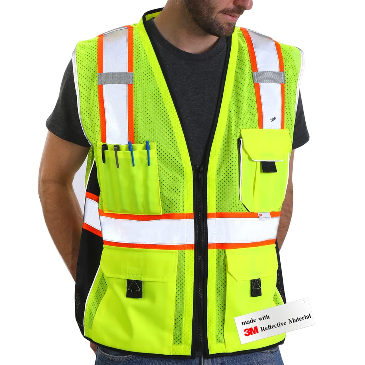 Dib Safety Vest Reflective Yellow Mesh High Visibility Vest with Pockets and Zipper ANSI Class 2 Heavy Duty Made with 3M Reflective Tape 4XL