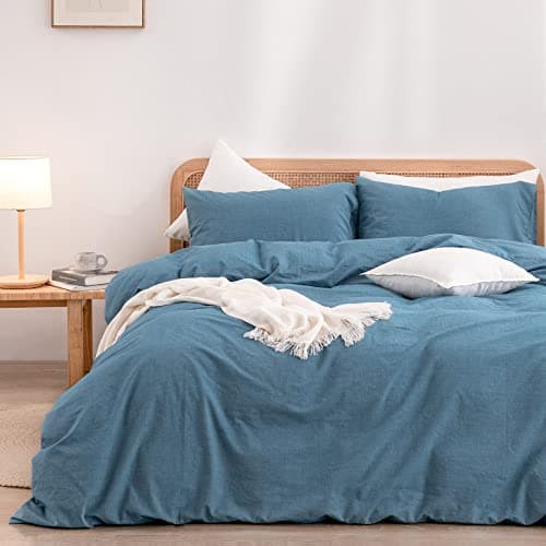 BESTOUCH Duvet Cover Set 100% Washed Cotton Linen Feel Super Soft Comfortable Chic Lightweight 2 PCs Home Bedding Set Solid Dark Blue Twin/Twin XL