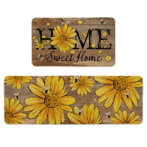 Artoid Mode Wood Bee Sunflower Daisy Home Spring Kitchen Mats Set of 2, Summer Home Decor Low-Profile Kitchen Rugs for Floor - 17x29 and 17x47 Inch