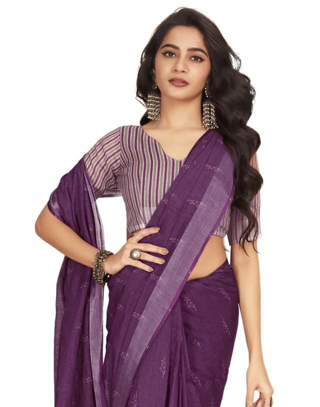 SIRIL Women's Cotton Saree | Printed Zari Stripe Ready To Wear One Minute Pleated Saree With Unstitched Blouse Piece (18RS168A_Dusty Red)