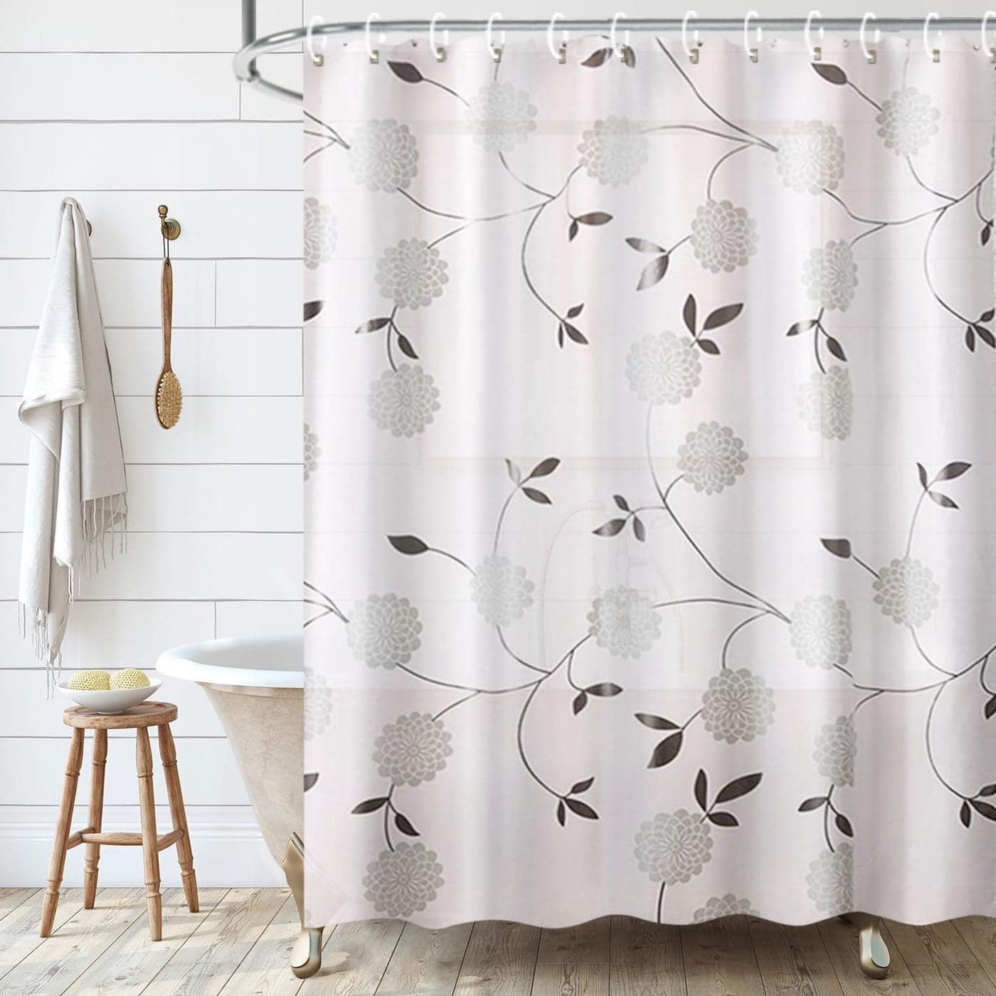 LIVILAN Dahlia Shower Curtain PEVA Shower Curtain Liner with 12 Hooks 2 in 1 PEVA Plastic Shower Curtain for Bathroom Decor 71W X 71H INCHES White and Black Grey Cornflower