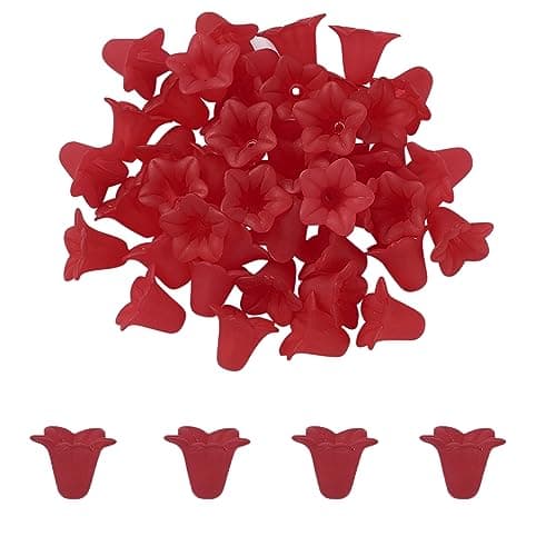 Crafans 50Pcs Frosted Acrylic Flower Beads for Christmas Red Floral Pendants Trumpet Flower Bead Caps Loose End Spacer Beads for Valentines Day Jewelry Making Supplies 175x12x15mm