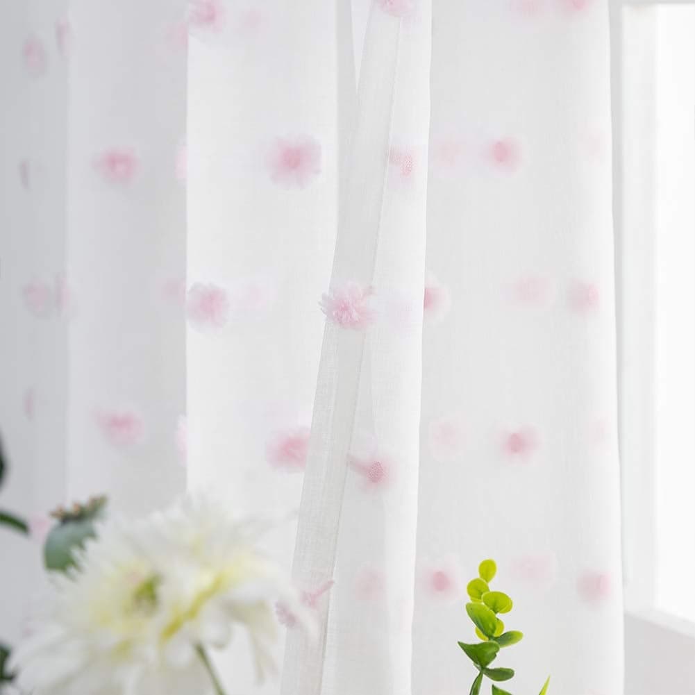 FINECITY White Sheer Curtains 96 Inch Length Rod Pocket Embroidered Cute Pink Pom Poms Curtain 2 Panels Light Filter Soft Window Voile Drapes for Girls Room 52 x 96 Inch 1 Pair White Pink