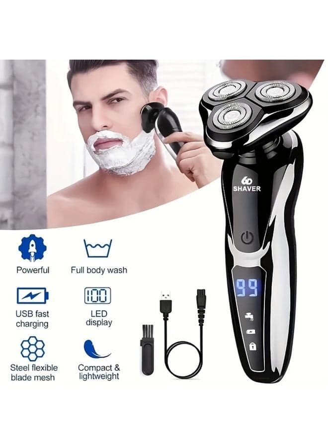 Silver 3 in 1 Electric Shaver with Nose Trimmer USB Rechargeable 3D Floating Blades Wet Dry Use
