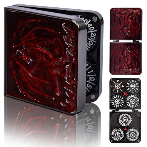 7in1 DND Pocket Spinner Dice Set Foldable Flip Dice with Delicate Dragon Iron Box Compact Dice Set for DND RolePlaying Games Fans Red