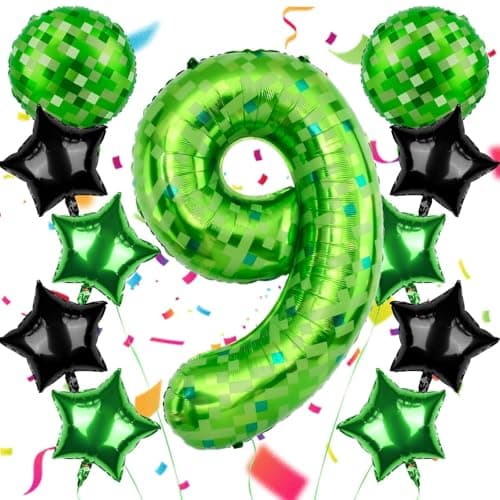 40 Inch Green Pixel Themed Number 9 Balloon Set Foil Balloon for Girls Boys Birthday Party Decorations Party Supplies Favors Number 9